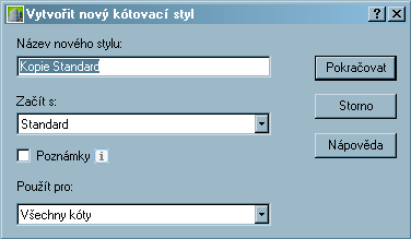 Dialogové okno Vytvořit nový kótovací styl